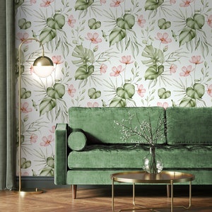 Watercolor wallpaper with tropical leaves, wall mural [Peel and Stick (self adhesive) or Traditional Vinyl Papers]