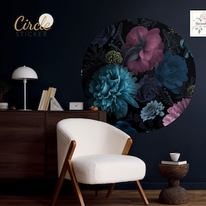 Floral wall sticker, peonies on a black background | Peel and Stick | Self adhesive | Circle Wall Decal | Wall Decor