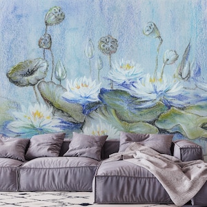 Papier peint à fleurs de nénuphar pastel, fresque murale botanique, décoration florale pour la maison [Peel and Stick (auto-adhésif) ou papiers vinyles traditionnels]