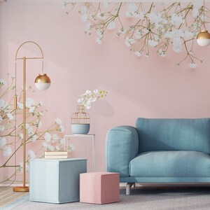 Floral pink wallpaper, floral wall mural [Peel and Stick (self adhesive) or Traditional Vinyl Papers]