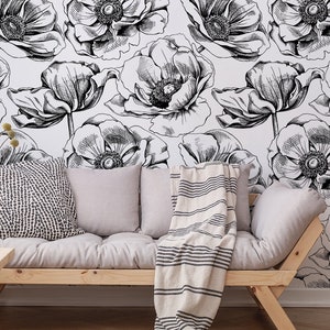 Floral pattern black and white | Peel & Stick | Self adhesive | Repositionable wallpaper | Removable wall mural