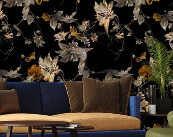 Watercolor wallpaper, leaf and flower wall mural, vintage home decor | Peel & Stick | Self adhesive | Repositionable, Removable wallpaper