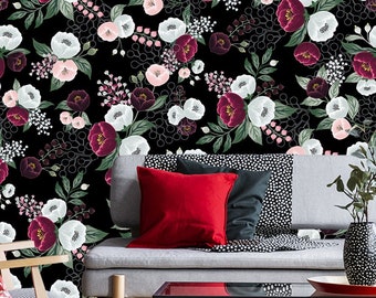 Floral pattern, black wallpaper with colorful flowers | Peel & Stick | Self adhesive | Repositionable, Removable wallpaper