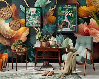 Dark Dramatic Floral Mural, Wall Mural, Garden Wallpaper [Peel and Stick (self adhesive) or Traditional Vinyl Papers]