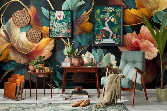 Dark Dramatic Floral Mural, Wall Mural, Garden Wallpaper [Peel and Stick (self adhesive) or Traditional Vinyl Papers]