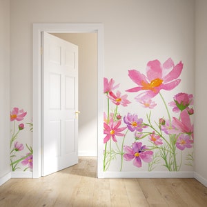 Carta da parati acquerello rosa fiori cosmo, stampa fiori di campo [Peel and Stick (autoadesivo) o carta vinilica tradizionale]