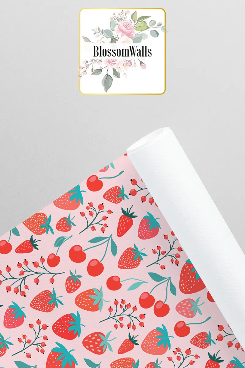 Strawberry Pattern Wallpaper, Red & Pink Fruit Wall Mural [peel and ...