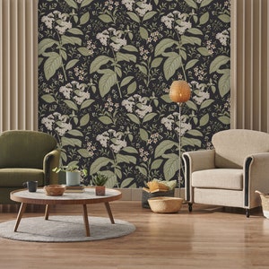 Vintage wallpaper with heliotrope garden wildflowers | Peel & Stick | Self adhesive | Repositionable, Removable wallpaper