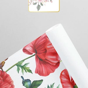 Red Poppy and Butterfly Wallpaper, Floral Watercolor Pattern, Wall ...