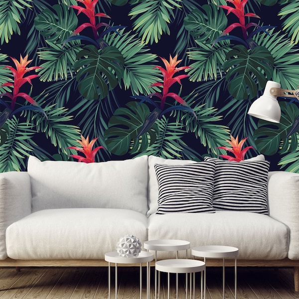 Exotic monstera leaves with guzmania Tropical wallpaper| Peel & Stick | Self adhesive | Repositionable wallpaper | Removable wall mural