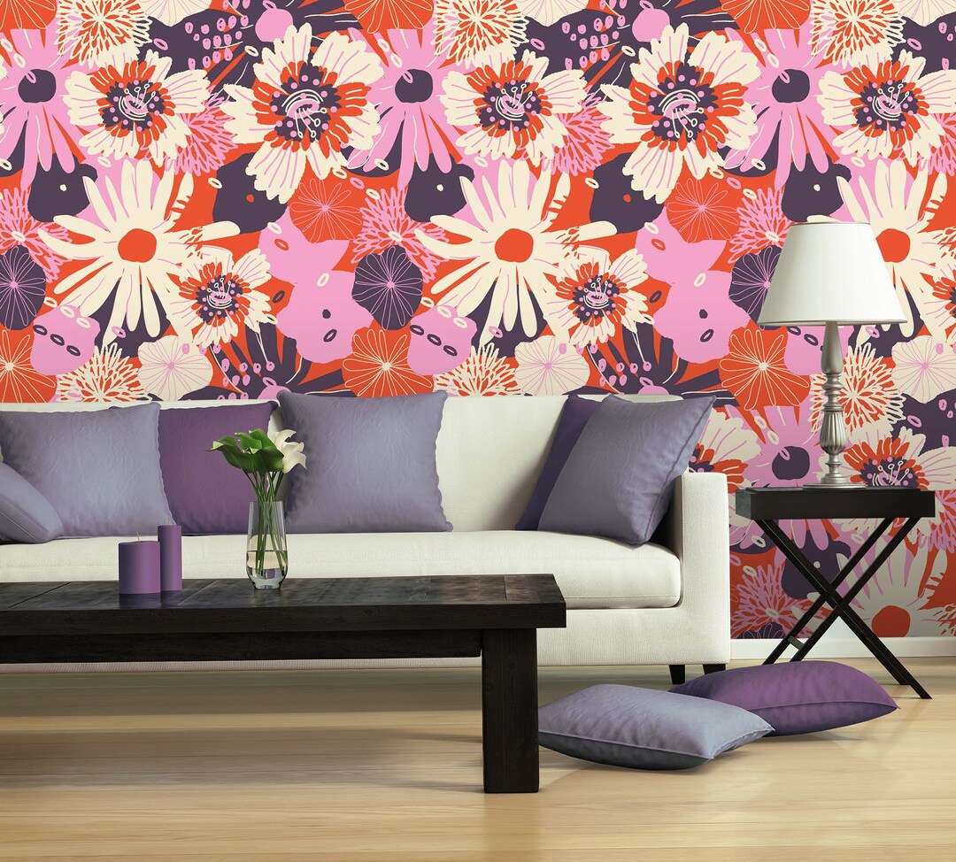 Modern Colorful Floral Wallpaper, Wall Mural, Vintage Home Decor [peel ...