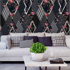 Carta da parati floreale con motivi geometrici, fiori rosa, murale scuro [Stacca e incolla (autoadesivo) o carta vinilica tradizionale]