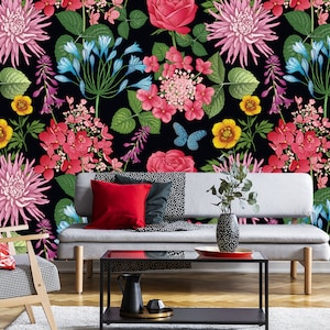 Dark Wallpaper With Colorful Floral Motive Peel & Stick - Etsy