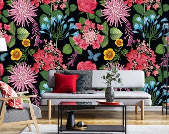 Dark wallpaper with colorful floral motive | Peel & Stick | Self adhesive | Repositionable, Removable wallpaper