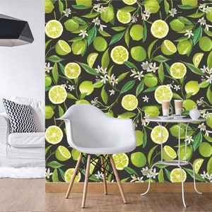Lime Citrus wallpaper, Floral Fruit, Vintage | Peel & Stick | Self adhesive | Repositionable, Removable wallpaper