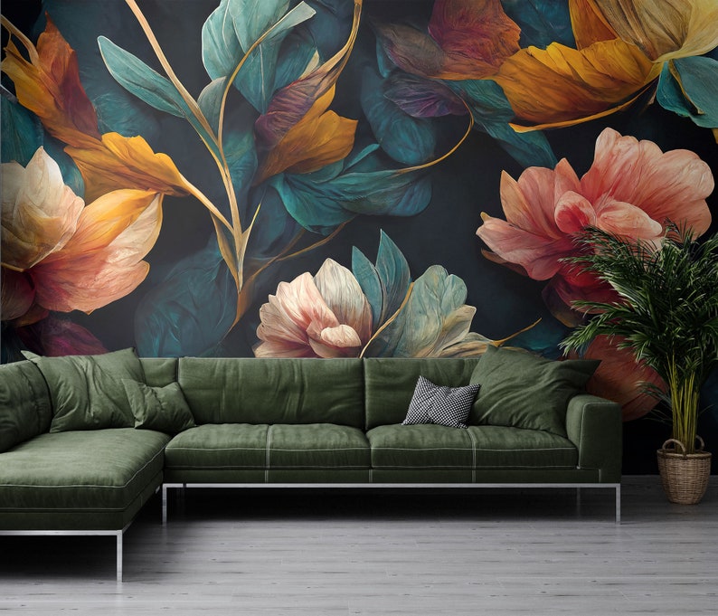 May include: A dark green sectional sofa with a floral patterned wallpaper behind it. The wallpaper features large, colorful flowers in shades of pink, yellow, and teal.