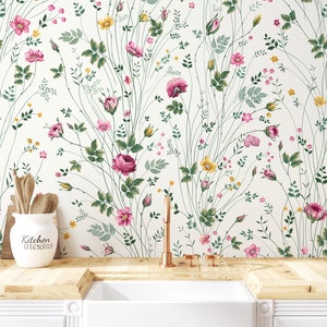 Small floral pattern wallpaper, field flowers wall mural [Peel and Stick (self adhesive) or Traditional Vinyl Papers]