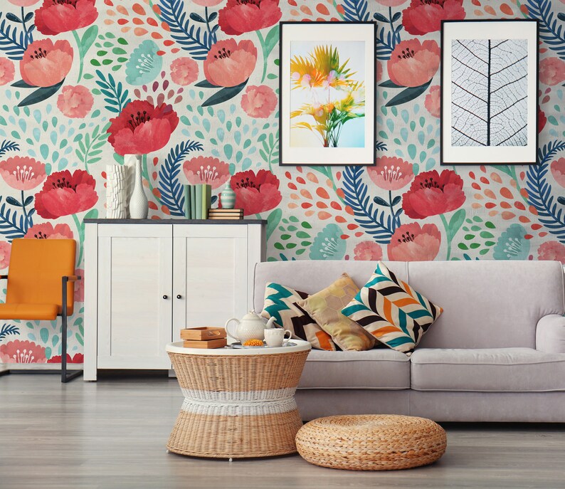 Red Poppy Flowers and Leaves Wallpaper| Peel & Stick | Self Adhesive ...