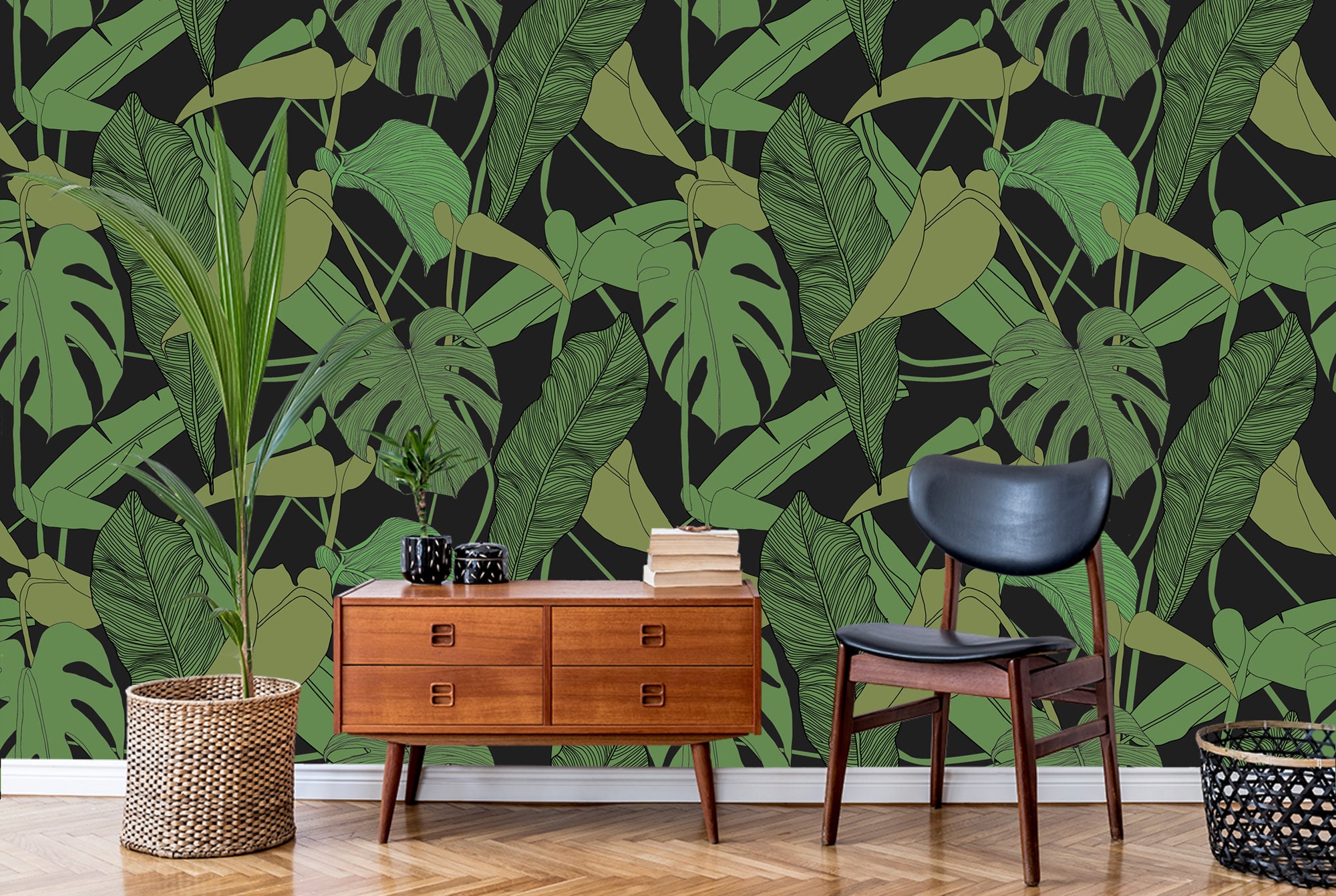 Dark Wallpaper With Green Tropical Leaves | Peel & Stick | Self ...