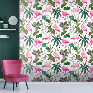 Tropical wallpaper with Flamingo and Palm Leaves, rainforest Plants | Peel & Stick | Self adhesive | Repositionable, Removable wallpaper