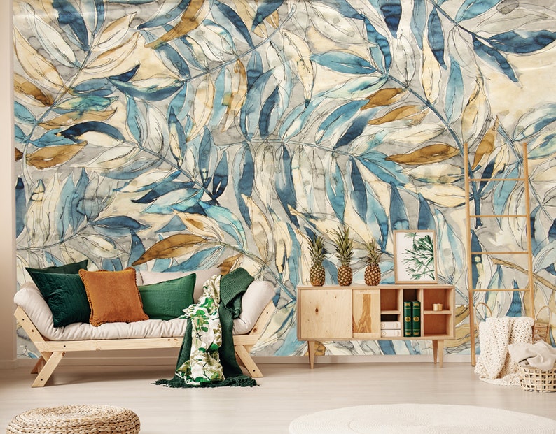 Watercolor Blue and Yellow Leaves Wallpaper Peel & Stick Etsy