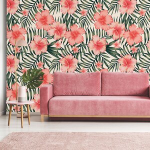 Pink hibiscus and dark green palm leaves Tropical wallpaper | Peel & Stick | Self adhesive | Repositionable wallpaper | Removable wall mural