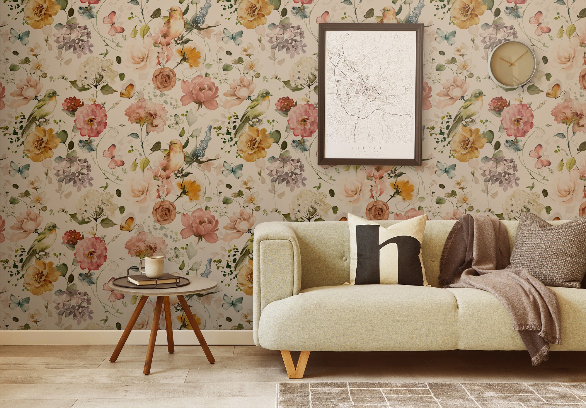 Floral Watercolor Wallpaper With Garden Pink Flowers, Wall Mural [peel ...