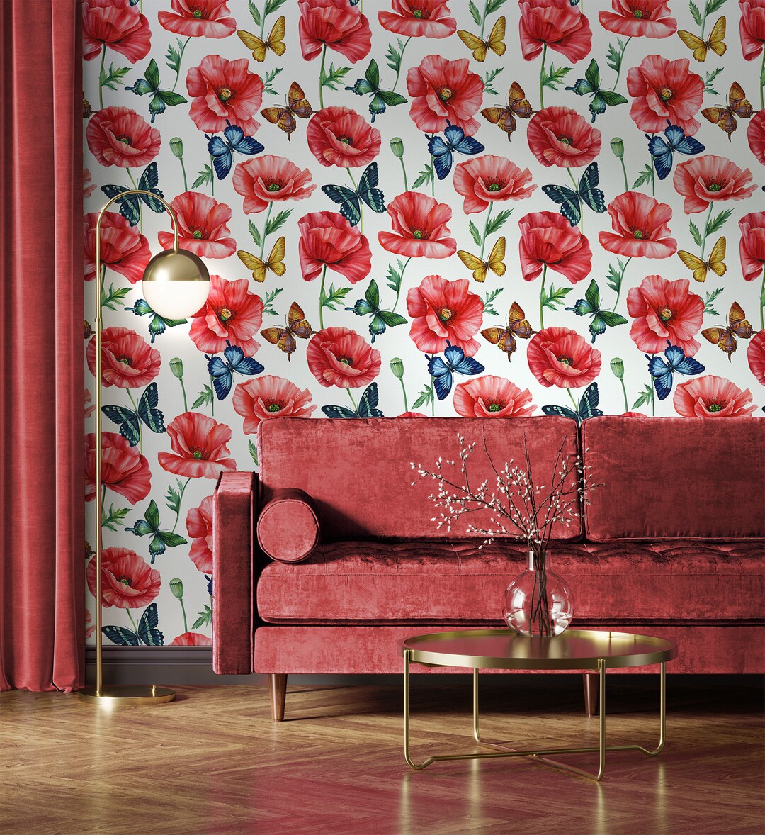 Red Poppy and Butterfly Wallpaper, Floral Watercolor Pattern, Wall ...