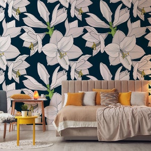 Beige flowers, Navy blue background | Peel & Stick | Self adhesive | Repositionable wallpaper | Removable wall mural | Wall decor