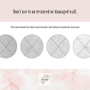 May include: Three close-up images of different wall textures. The first image shows a textured wall. The second image shows a smooth wall. The third image shows a damaged wall. The text reads: "Don't use it on textured or damaged wall. The wall should be clean and smooth, the texture should be removed."