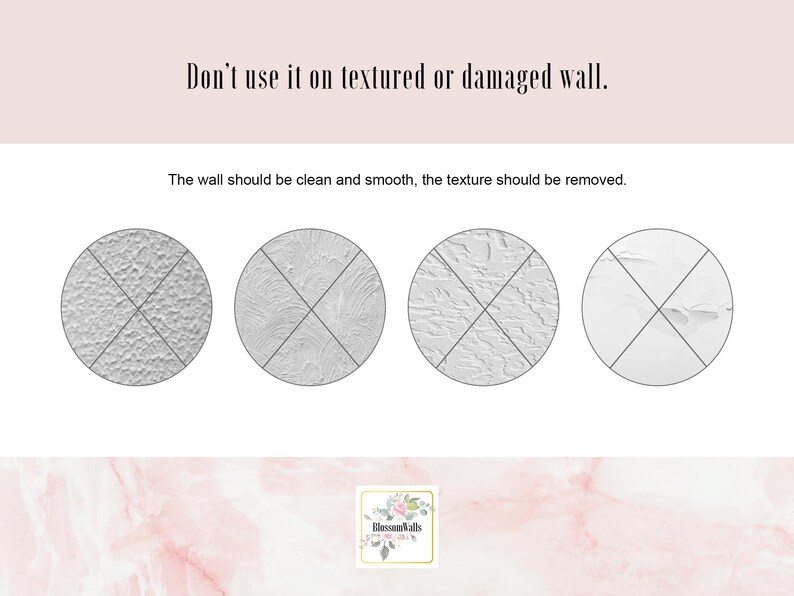 May include: Three close-up images of different wall textures. The first image shows a textured wall. The second image shows a smooth wall. The third image shows a damaged wall. The text reads: "Don't use it on textured or damaged wall. The wall should be clean and smooth, the texture should be removed."