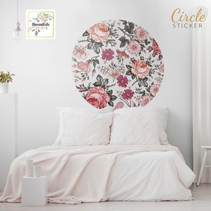 Blooming flowers, vintage wall sticker, roses | Peel and Stick | Self adhesive | Circle Wall Decal | Wall Decor