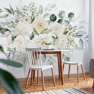 Watercolor floral wallpaper, white flowers, rose, peony, floral wall mural [Peel and Stick (self adhesive) or Traditional Vinyl Papers]