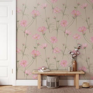 Cosmos flowers wallpaper, summer watercolor pattern [Peel and Stick (self adhesive) or Traditional Vinyl Papers]