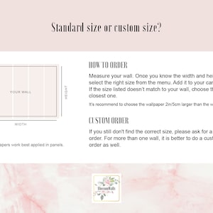May include: Diagram showing how to measure a wall for wallpaper. The text says "Standard size or custom size?" and includes instructions for ordering standard or custom sizes. The text also says "The wallpapers work best applied in panels."