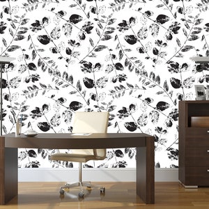 White wallpaper with small black leaf pattern | Peel & Stick | Self adhesive | Repositionable wallpaper | Removable wall mural
