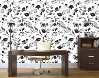 White wallpaper with small black leaf pattern | Peel & Stick | Self adhesive | Repositionable wallpaper | Removable wall mural
