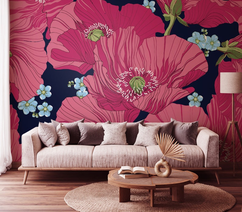 Floral Wallpaper With Poppies, Wall Mural [peel and Stick (self ...