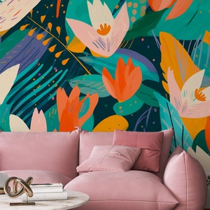 Modern colorful tropical floral wallpaper, blossom wall mural [Peel and Stick (self adhesive) or Traditional Vinyl Papers]