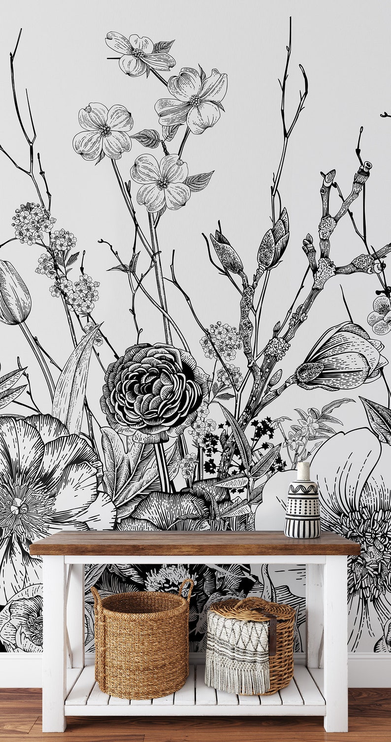 Vintage Botanical Black and White Wallpaper | Self-adhesive
