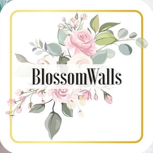 May include: Two examples of floral wallpaper designs. The first design features a cactus and bicycle motif with pink and green colors. The second design features a more traditional floral pattern with a light yellow background. The text "BlossomWalls" is displayed in a white square with a gold border.