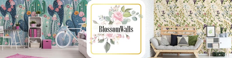 May include: Two examples of floral wallpaper designs. The first design features a cactus and bicycle motif with pink and green colors. The second design features a more traditional floral pattern with a light yellow background. The text "BlossomWalls" is displayed in a white square with a gold border.