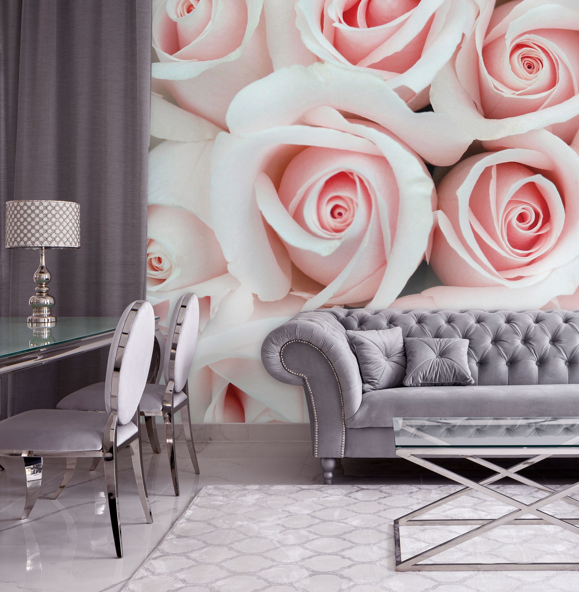 Floral Wallpaper Mural With Pink Roses, Flowers Pattern | Peel and ...