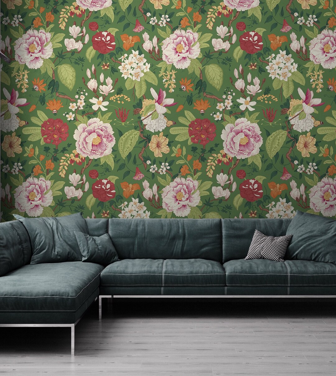Green Wallpaper With Pink and Red Flowers, Botanical Floral Print peel