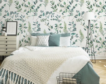 Watercolor wallpaper with eucalyptus, branches, floral | Peel & Stick | Self adhesive | Repositionable, Removable wallpaper