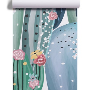Abstract pastel cactus wallpaper with colorful flowers Peel & Stick Self adhesive Repositionable wallpaper Removable wall mural image 5