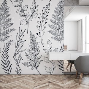 Black and white wallpaper, flowers and plants | Peel & Stick | Self adhesive | Repositionable, Removable wallpaper