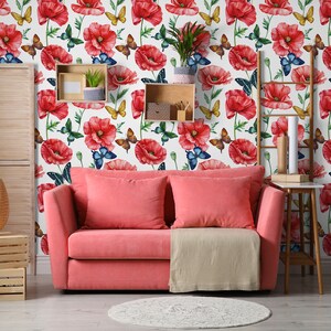 Red Poppy and Butterfly Wallpaper, Floral Watercolor Pattern, Wall ...
