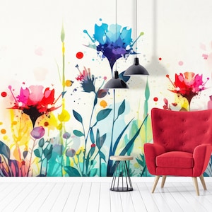 Colorful abstract flower meadow wallpaper [Peel and Stick (self adhesive) or Traditional Vinyl Papers]