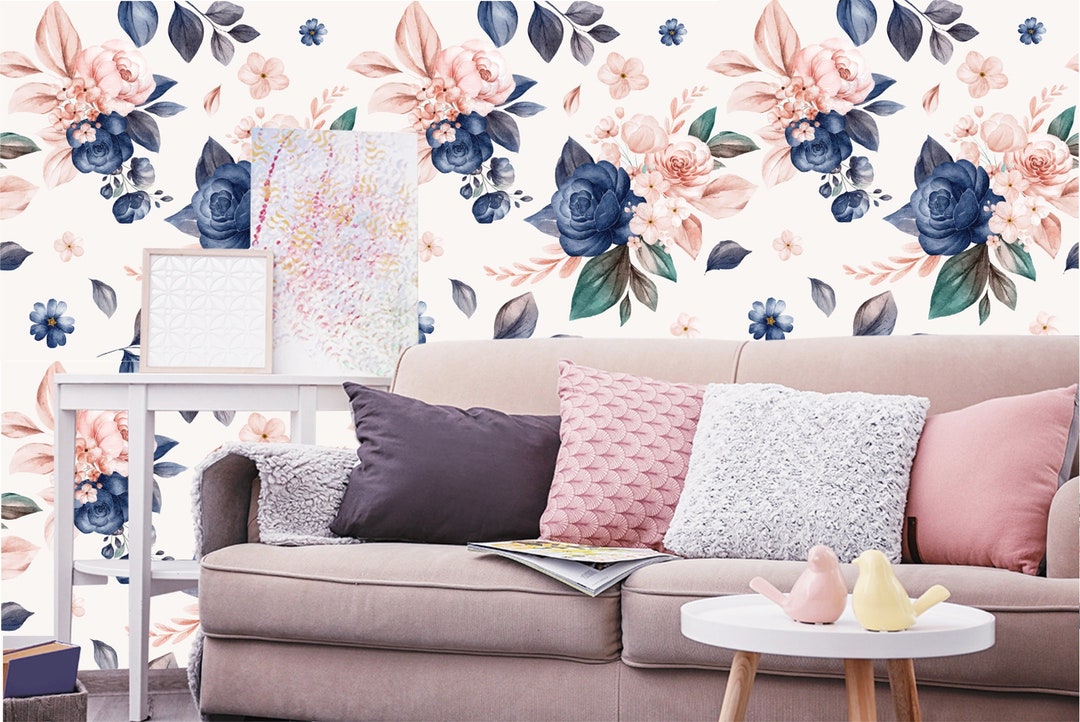 Floral Wallpaper of Navy and Peach Watercolor Roses and Wild Flowers ...